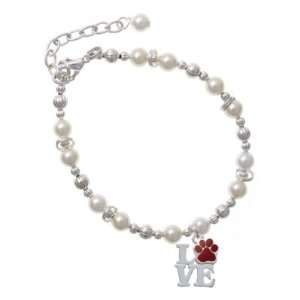 Silver Love with Maroon Paw Czech Pearl Beaded Charm Bracelet [Jewelry 