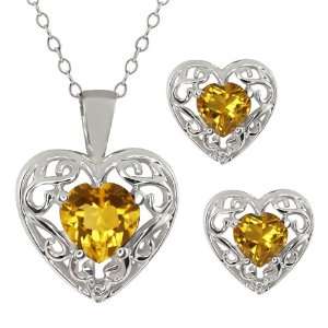   Shape Yellow Citrine Sterling Silver Pendant Earrings Set Jewelry