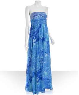 Aidan Mattox blue floral print sequin bust silk strapless dress