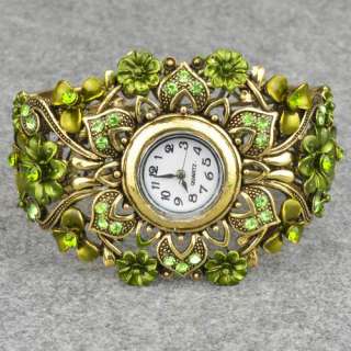 Retro Copper Wrist Ladies CZ Swarovski Crystal Flower Fancy Bangle 