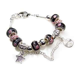    Black and Pink Murano Glass Bead & Crystal Charm Bracelet Jewelry
