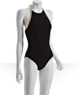 Yves Saint Laurent black and gold one piece halter swimsuit   