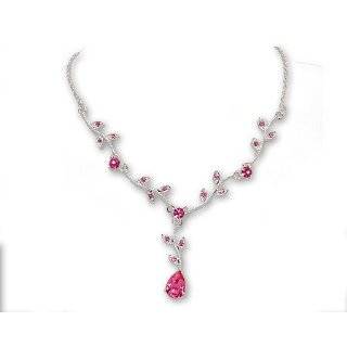   Bright Pink Crystal Pear and Leaf Drop Necklace  Bridesmaid Jewelry