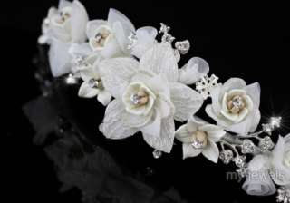 Wedding Bridal Ivory Flower Satin Handmade Tiara T1336  
