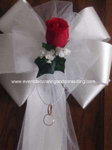 24 RED ROSE WHITE Satin Ribbon Pew Bows for Weddings  