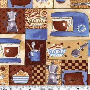 45 Wide Coffee House Necessities Blues/Cream Fabric By 
