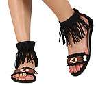   Womens Sandals Black Roman Gladiator Fringe Ankle Strappy Flat Sandal