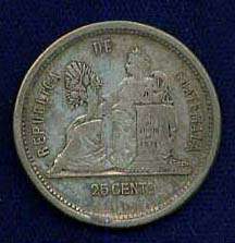 GUATEMALA 1881 E 25 CENTAVOS SILVER COIN XF  