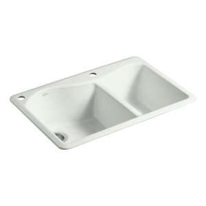   Rimming Offset Double Basin Sink with 2 Hole Faucet Drilling, Sea Salt