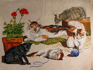   NEEDLEPOINT CALICO CAT & KITTENS W/RED GERANIUM CUSHION/PILLOW TOP