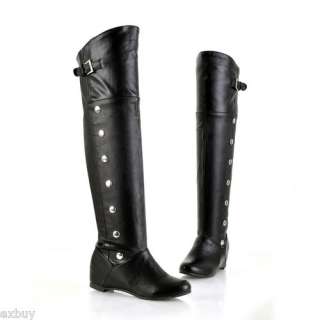 Fashion Womens Wedge Heel PU Leather Knee High Boots Shoes US Size 4 
