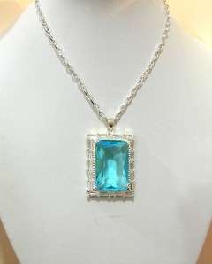 Emerald cut AQUA MARINE Crystal Pendant Neckace w/ baquettes 