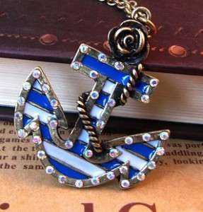 Sailor Style Anchor inlay Crystal Flower Necklace  