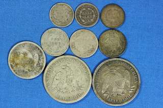 1836   1884 Lot 9 Seated Liberty Five Cent Dime Quarter Half Dollar 