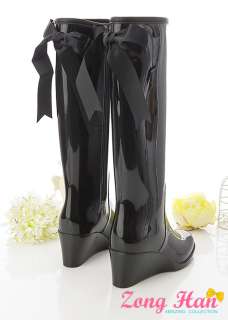 Womens Rubber Bow Tie Black Wellies Rainboots Free S&H  