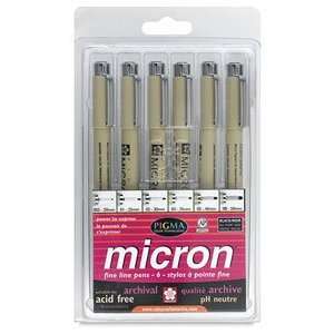  Sakura Pigma Micron Pen   Black, Set of 6, Various Sizes Arts 