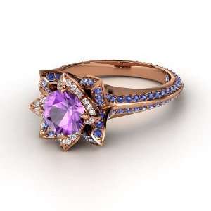  Pave Lotus Ring, Round Amethyst 14K Rose Gold Ring with Diamond 