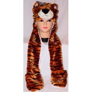  Tiger Plush Cosplay Hat with Mittens 3 in 1 (Hat, Scarf 