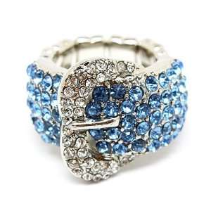 Buckle Fashion Design Crystal Pave Stretch Ring Blue