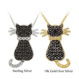Sterling Silver Black Diamond Accent Cat Necklace  