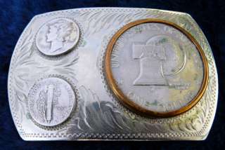 Vintage Western Cowboy Cowgirl Silver Coins Belt Buckle  