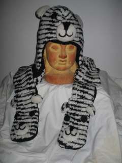   Lined Wool TIGER Trapper Hat & Scarf & Mittens  All in One #S  