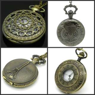 Vintage Antique Bronze Hollow Quartz Pocket Watch Necklace Chain Gift 
