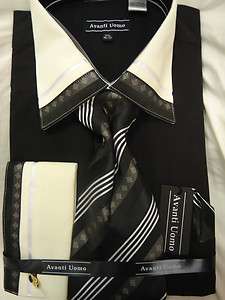Mens Avanti Uomo Fancy Black & Cream French Cuff Dress Shirt Tie 