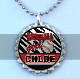 Zebra Baseball Girl Personalized Flattened Bottlecap Necklace  
