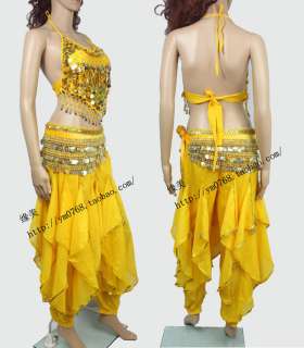 Belly Dance Costume Peppers Top Bra With Gold Wavy Harem Pants Skirt 