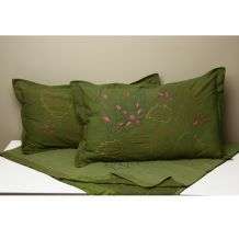 Green Embroidered Bed Cover and Pillow Shams (India)  