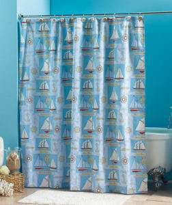 New Sailboat Nautical Cotton Fabric Shower Curtain Blue  