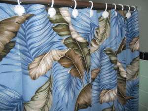   Hawaiian Barkcloth Fabric SHOWER CURTAIN ~Banana Leaves Slate Blue