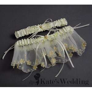  Wedding Garter Set Lace Ivory Satin with Goldtone Heart 