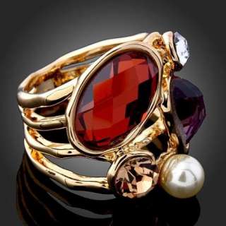 Pearl Brown Purple Clear Swarovski Crystal Gold GP Ring  