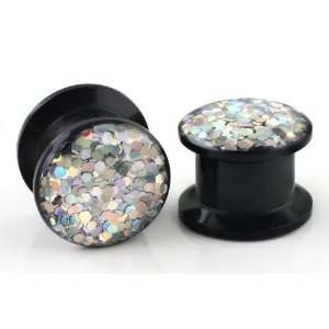  Screw On Acrylic Ear Plugs with Glitters   Silver   Sold 