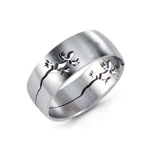  Mens Solid Stainless Steel Wide Band Cutout Lizard Ring 