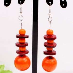 Orange Coconut Wooden Round Beads Hoop Earrings 1pcs  