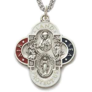 SILVER MILITARY FOUR WAY CROSS MEDAL CATHOLIC NECKLACES  