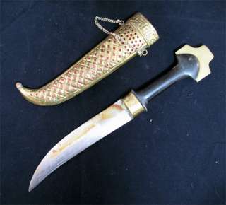 ANTIQUE KNIFE DAGGER INDIA CURVE BLADE Carve Brass CASE  