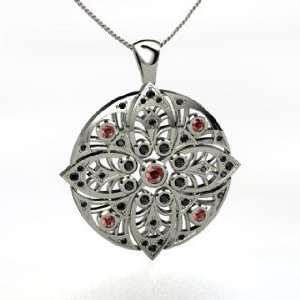 Palm Fan Medallion, Round Red Garnet Sterling Silver Necklace with Red 