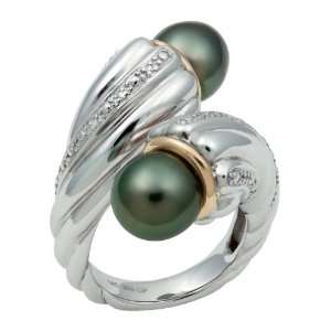   925 Sterling Silver Tahitian Black Pearl and Diamond Ring TR 10082 AM