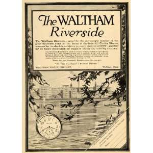 1912 Ad Waltham Riverside Watch Charles River Bank City   Original 