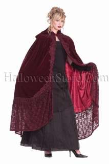 Burgundy Victorian Cape with Lace  full length velvet cape trimmed in 