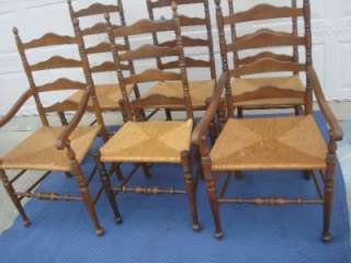   ALLEN LADDERBACK DINING CHAIRS RUSH SEATS, CARVED SPINDLES BOBBLE TOPS