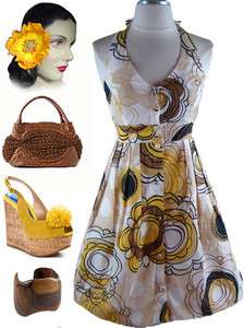 50s Style YELLOW Graphic Floral HALTER Pinup Sun Dress  