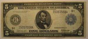 1914 Large Five Dollars Fed Reserve Note #ke.kux  