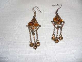 Silver Dangling Fashion Earrings, With Amber Colored Glass 2 & 1/2 