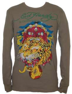 ED HARDY Mens Tiger Monster Long Sleeve Olive Thermal Shirt NWT 