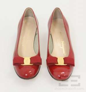 Salvatore Ferragamo Red Patent Leather Monogram Bow Trim Heels Size 6B 